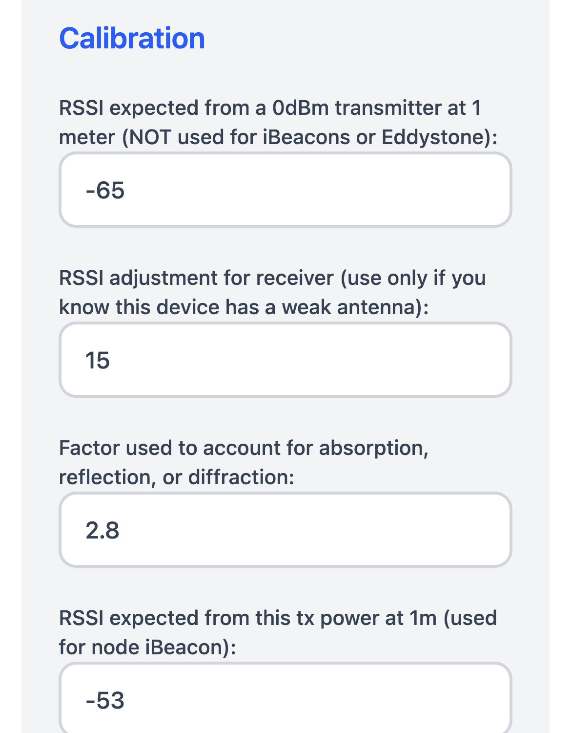 Calibration section of the ESPresense settings UI